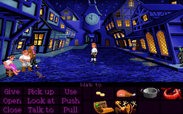 A group of pirates sitting on a barrel occupy left side of the screen. In center a short pirate stands. Bottom is occupied by UI with graphical buttons representing possible actions.