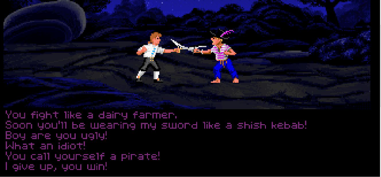 Two pirates with swords aimed at each other. Bottom of the screen contains funny insults.